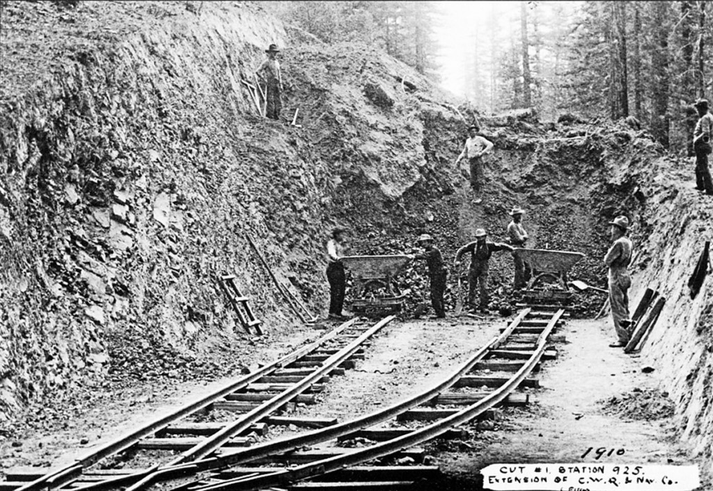 CWR 925 1910 Cut #1, Station 925; Extension of the California Western Railroad & Navigation Company line in 1910 (Photo by W. T. Fitch)