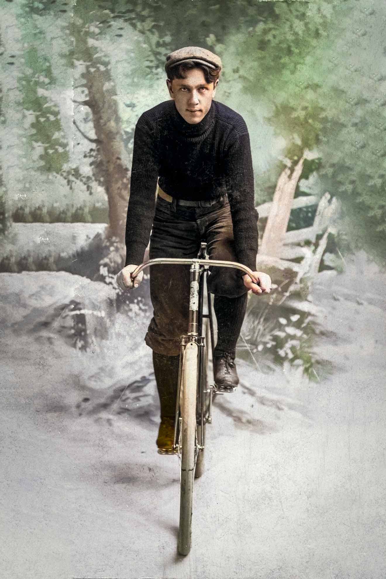 Horace O Brown on a bicycle (colorized)